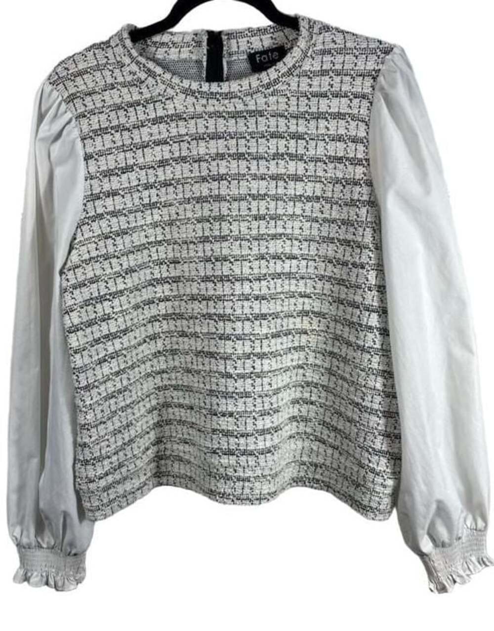 Fate Black and White Tweed Bodice with White Poplin Puff Long Sleeves Blouse Med